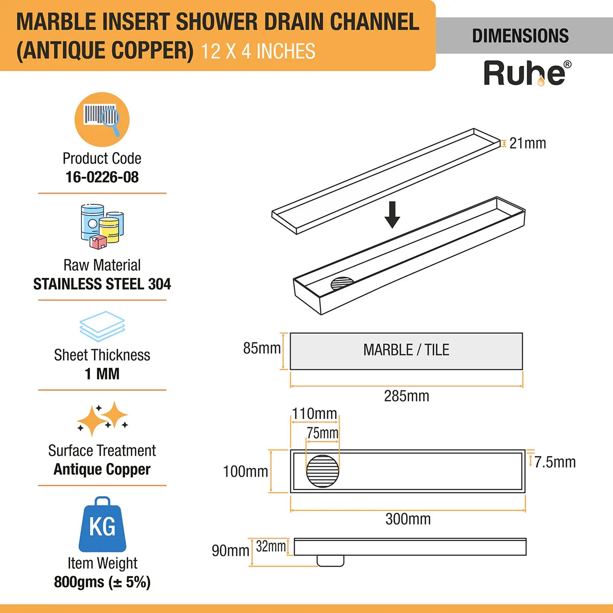 Marble-Insert Shower Drain Channel (4 Inches)