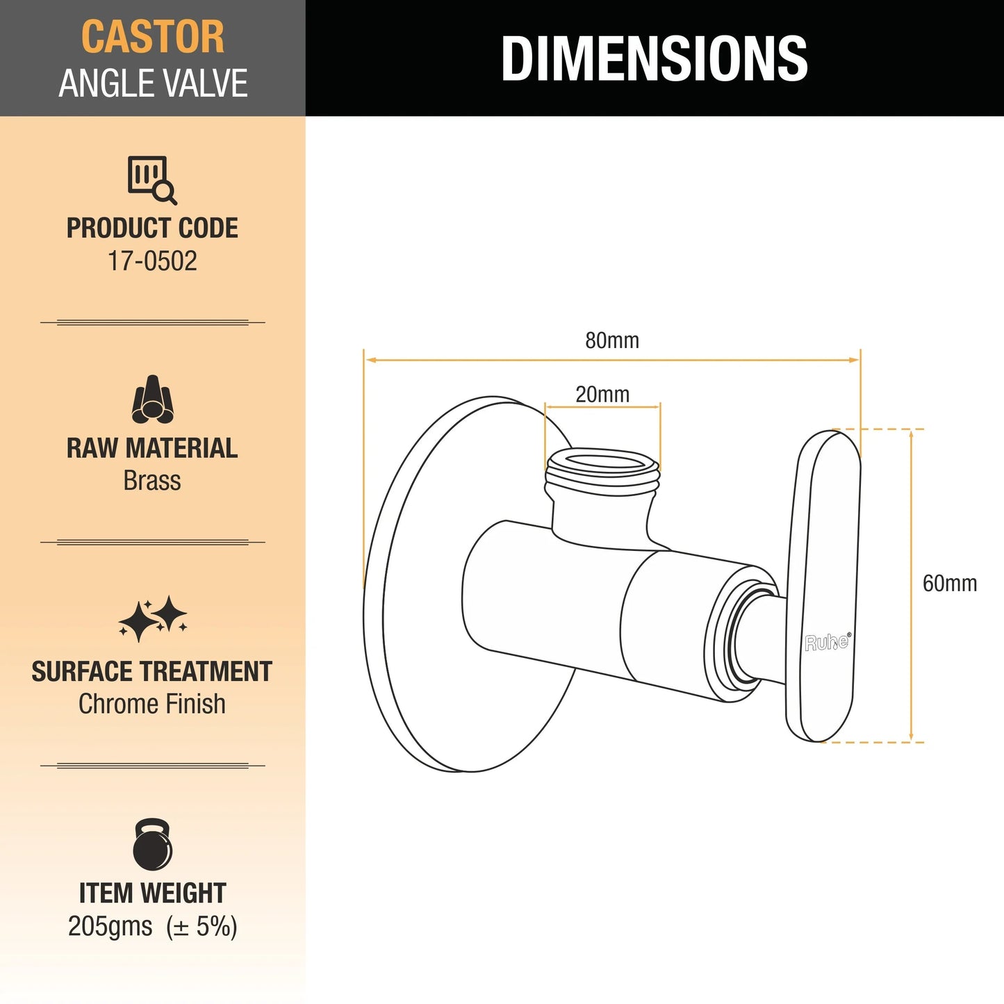 Castor Angle Valve dimensions and sizes