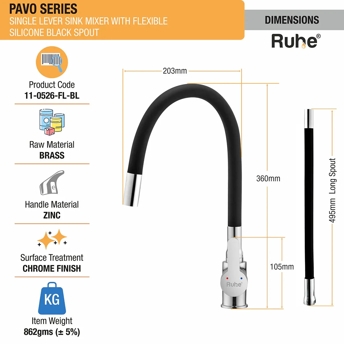 Pavo Single Lever Deck-mount Kitchen Sink Mixer Tap with Coloured Flexible Silicone Spout