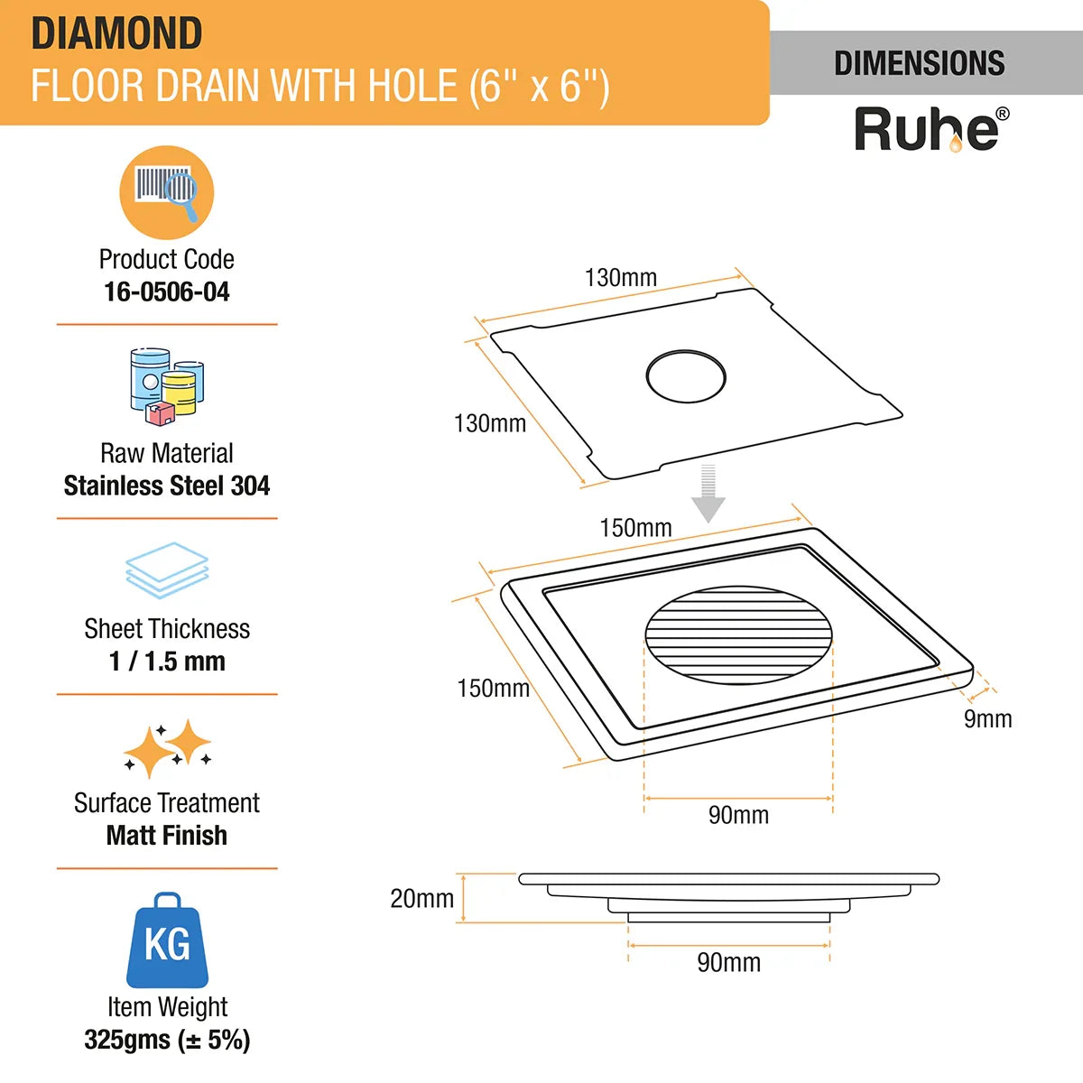Diamond Square 304-Grade Floor Drain with Hole (6 x 6 Inches) - by Ruhe