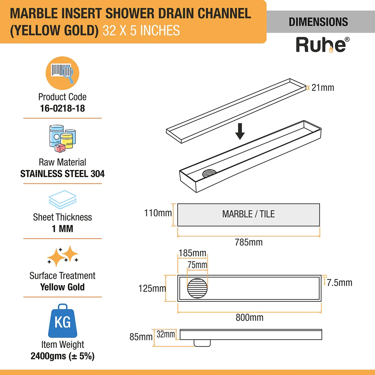 Marble-Insert Shower Drain Channel 5 inches