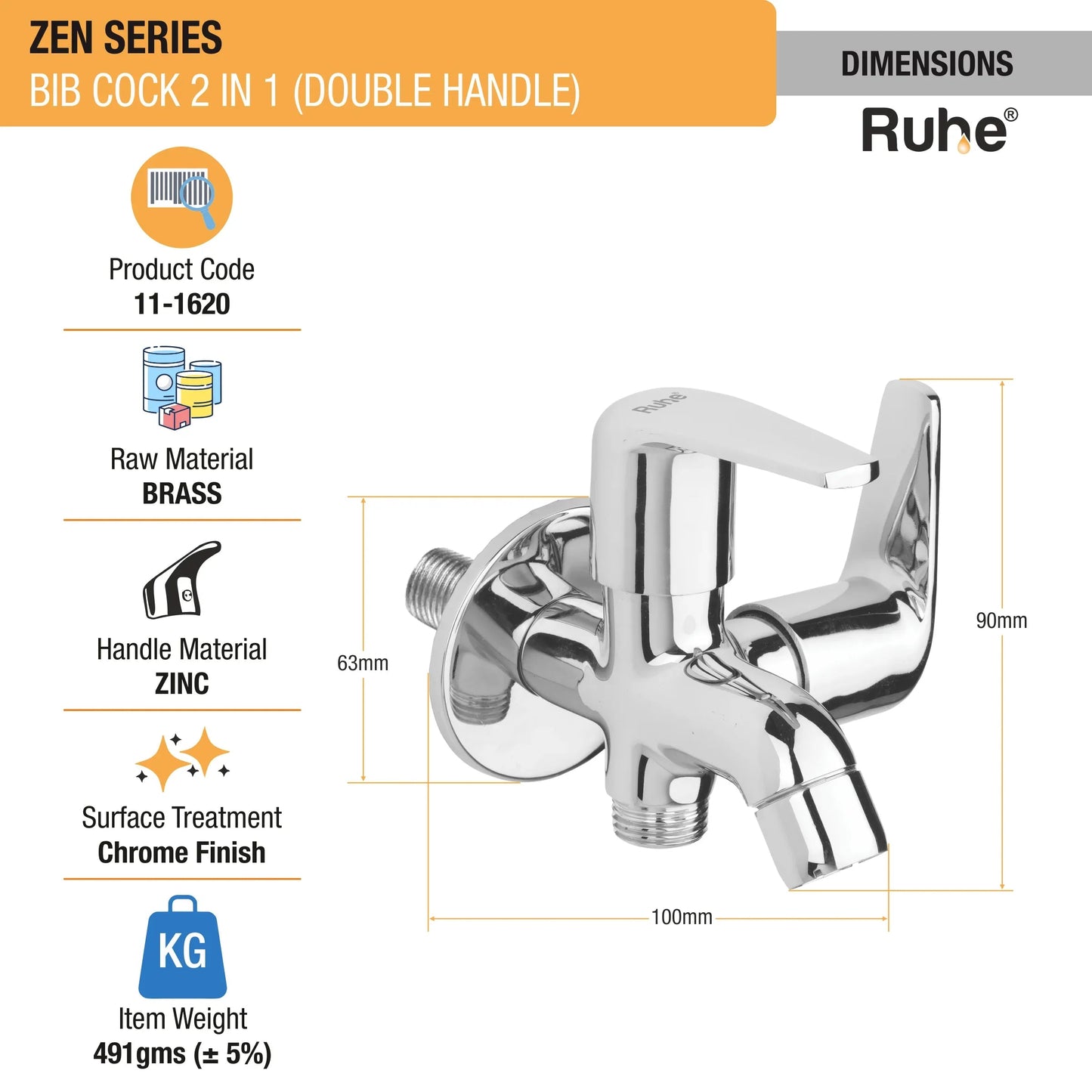 Zen Two Way Bib Tap (Double Handle) - Dimensions