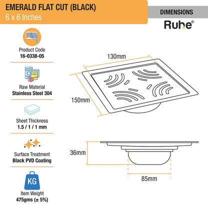 Emerald Square Flat Cut Floor Drain in Black PVD Coating (6 x 6 Inches) - by Ruhe