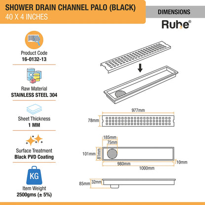 Palo Shower Drain Channel (40 x 4 Inches) Black PVD Coated dimensions and sizes