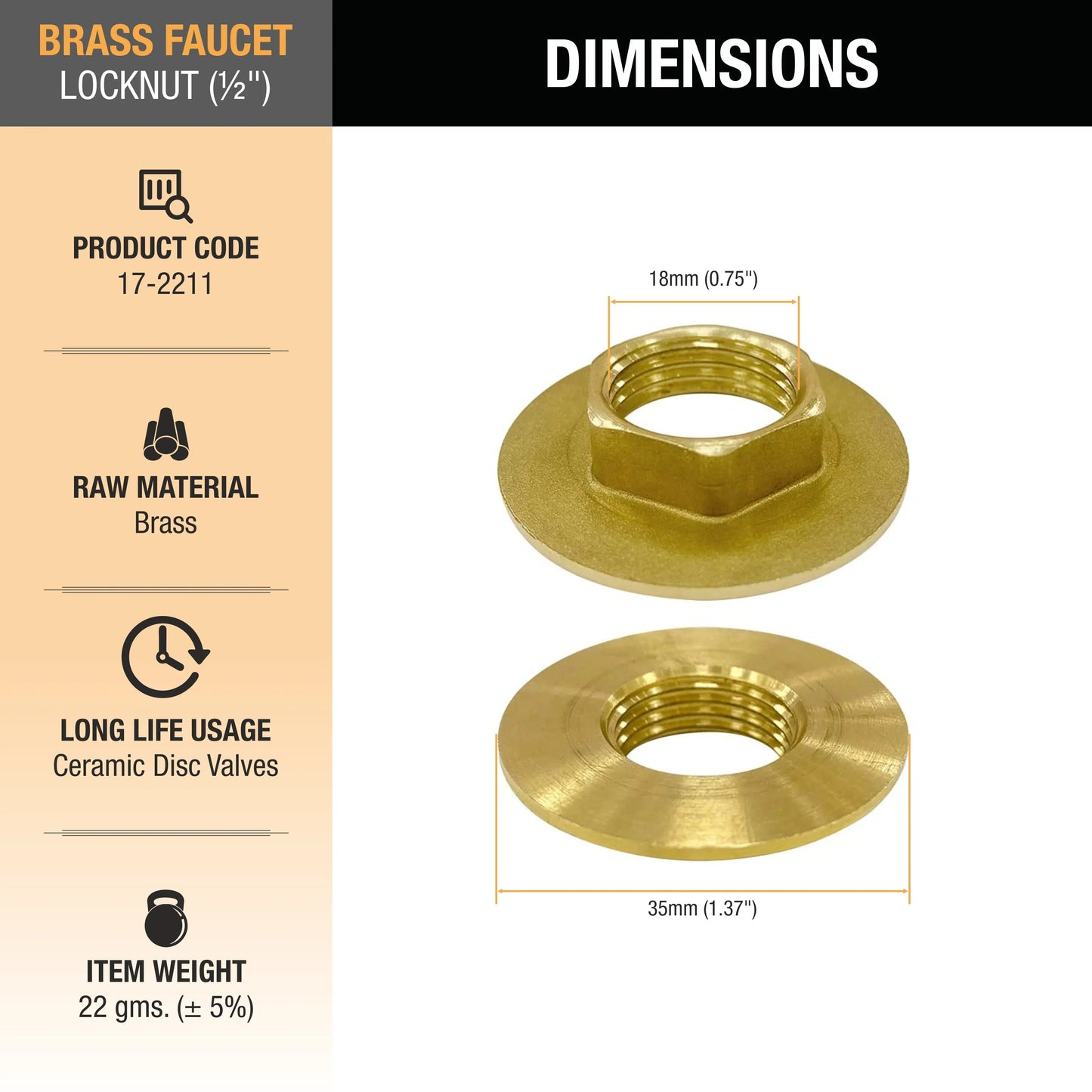 Brass Faucet Lock Nut (Â½ Inches) (Pack of 4) dimensions and size