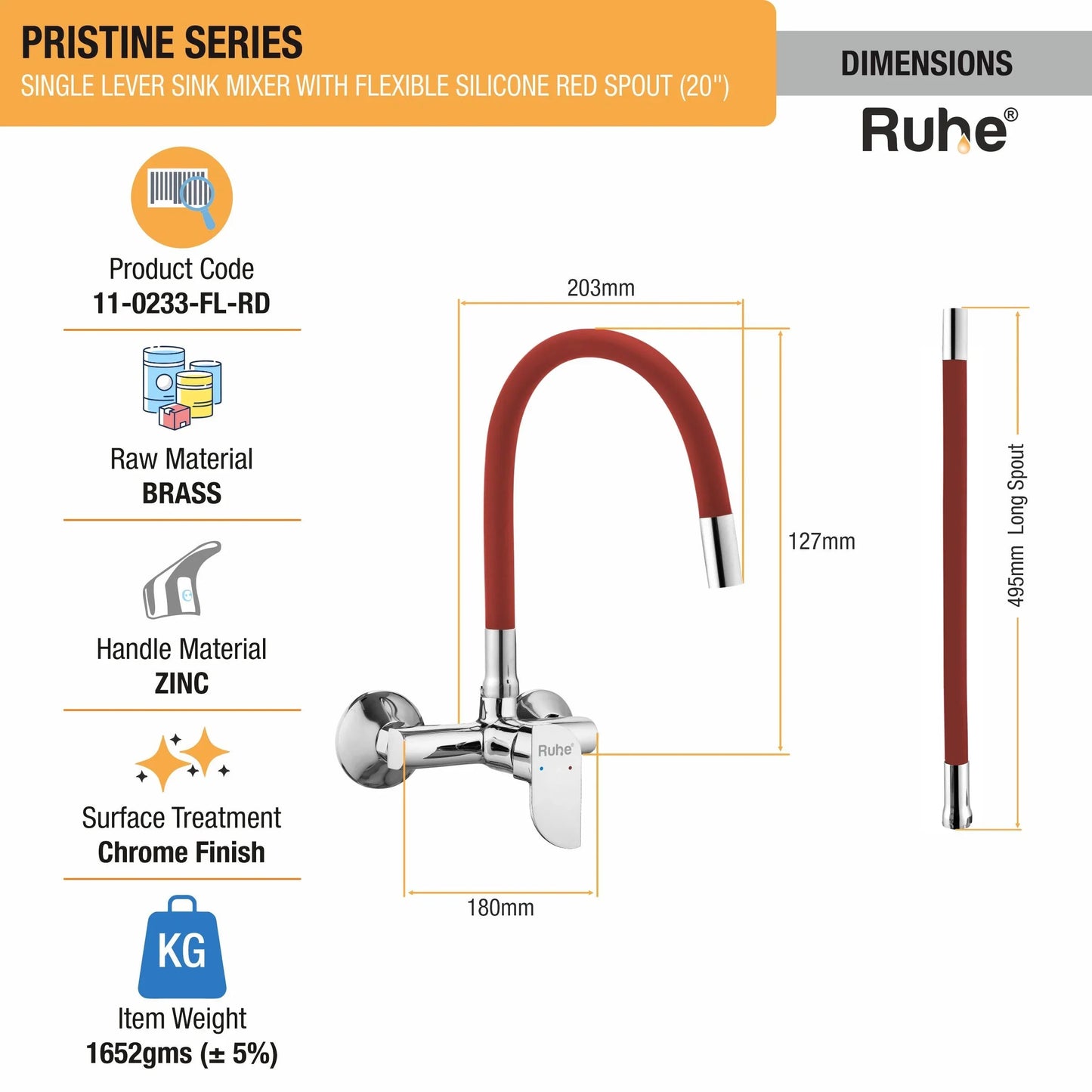 Pristine Single Lever Wall-mount Kitchen Sink Mixer Tap with Coloured Silicone Spout