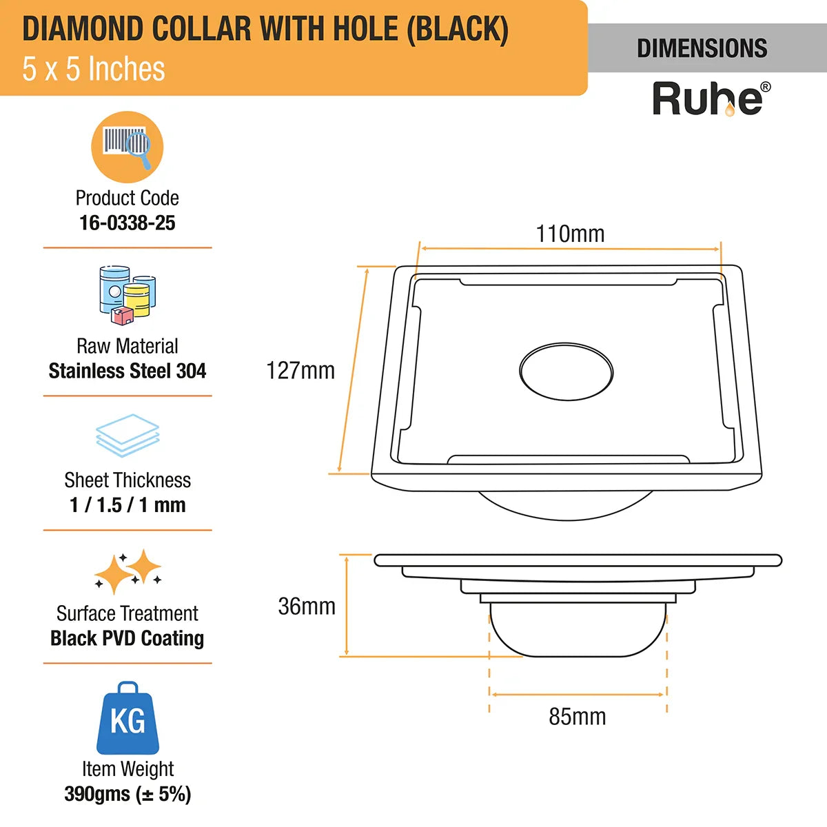 Diamond Square 304-Grade Floor Drain in Black PVD Coating (5 x 5 Inches) with Hole dimensions and sizes
