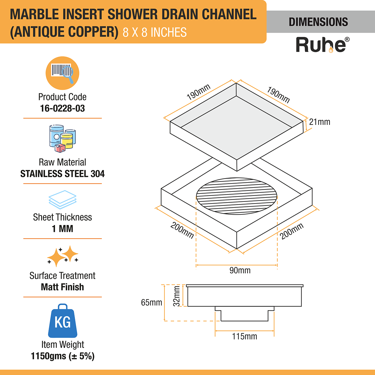 Marble-Insert Shower Drain Channel (8 x 8 Inches)