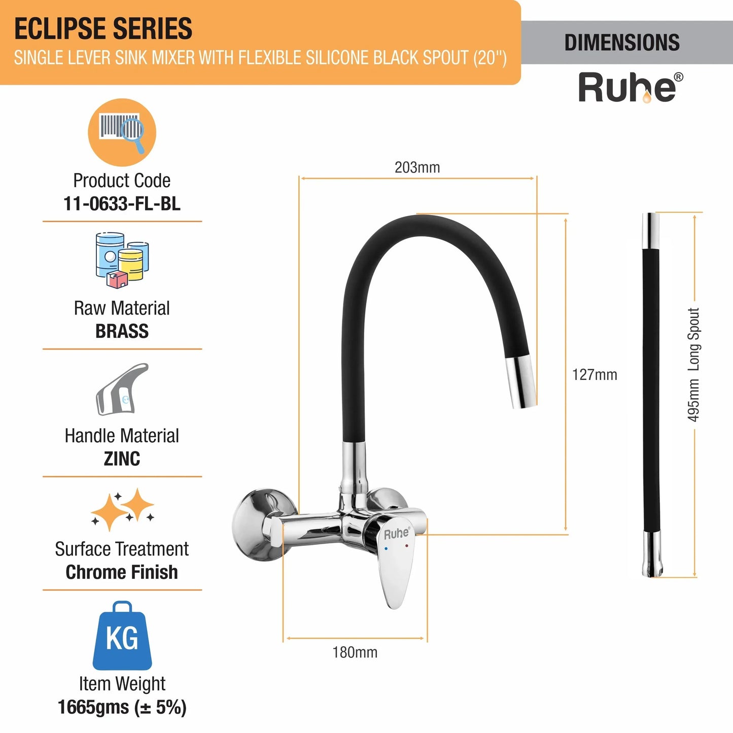 Eclipse Single Lever Wall-mount Kitchen Sink Mixer Tap with Coloured Silicone Spout