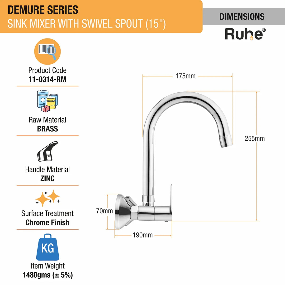 Demure Sink Mixer Brass Faucet with Medium (15 inches) Round Swivel Spout - by Ruhe