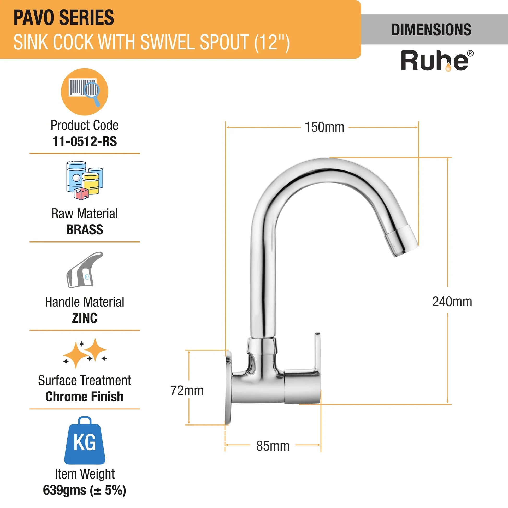 Pavo Sink Tap with Small (12 inches) Round Swivel Spout Brass Faucet