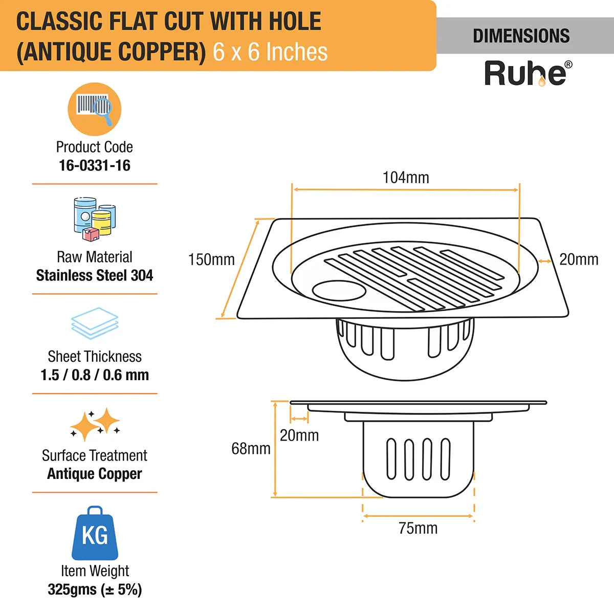 Classic Square Flat Cut Floor Drain in Antique Copper PVD Coating (6 x 6 Inches) with Hole dimensions and sizes