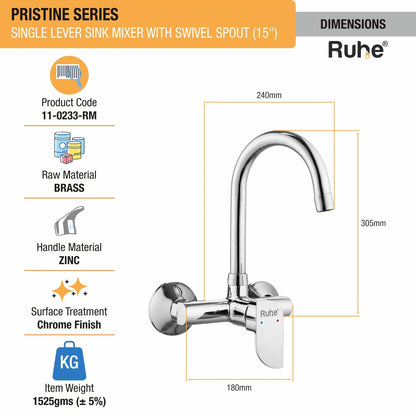 Pristine Single Lever Wall-mount Kitchen Sink Mixer Tap with Swivel Spout
