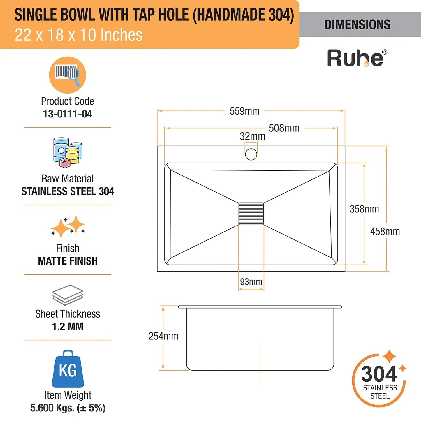 Handmade Single Bowl with Tap Hole Kitchen Sink (22 x 18 x 10 Inches)