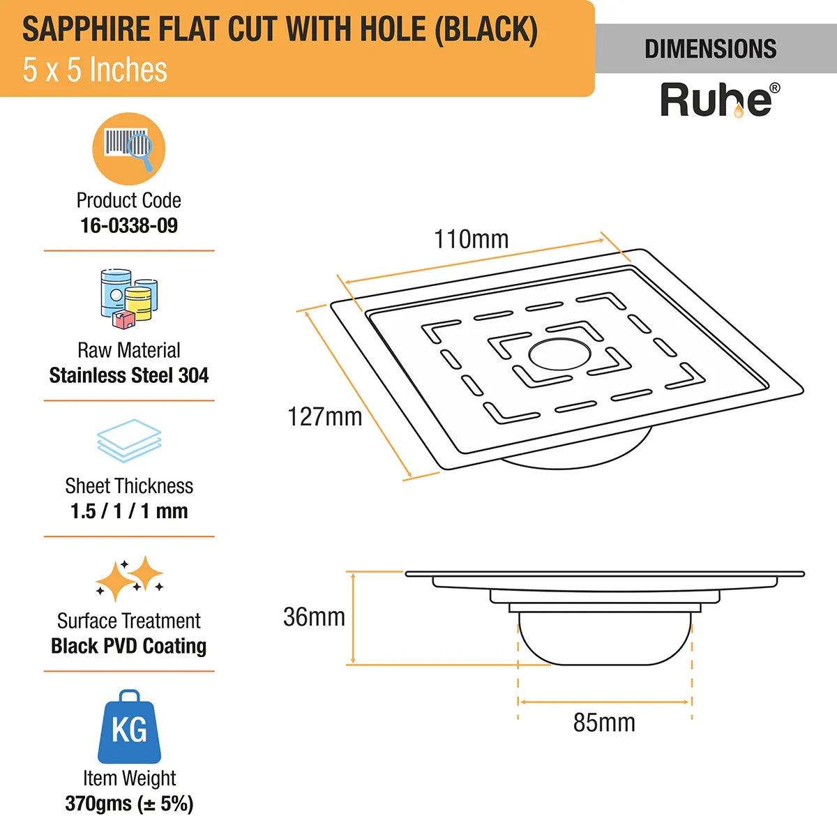 Sapphire Square Flat Cut Floor Drain in Black PVD Coating (5 x 5 Inches) with Hole - by Ruhe