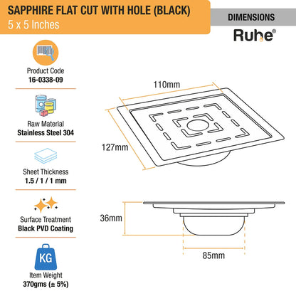 Sapphire Square Flat Cut Floor Drain in Black PVD Coating (5 x 5 Inches) with Hole - by Ruhe