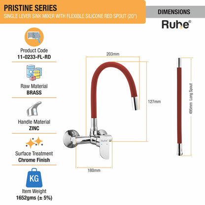 Pristine Single Lever Wall-mount Kitchen Sink Mixer Tap with Red Silicone Spout - by Ruhe