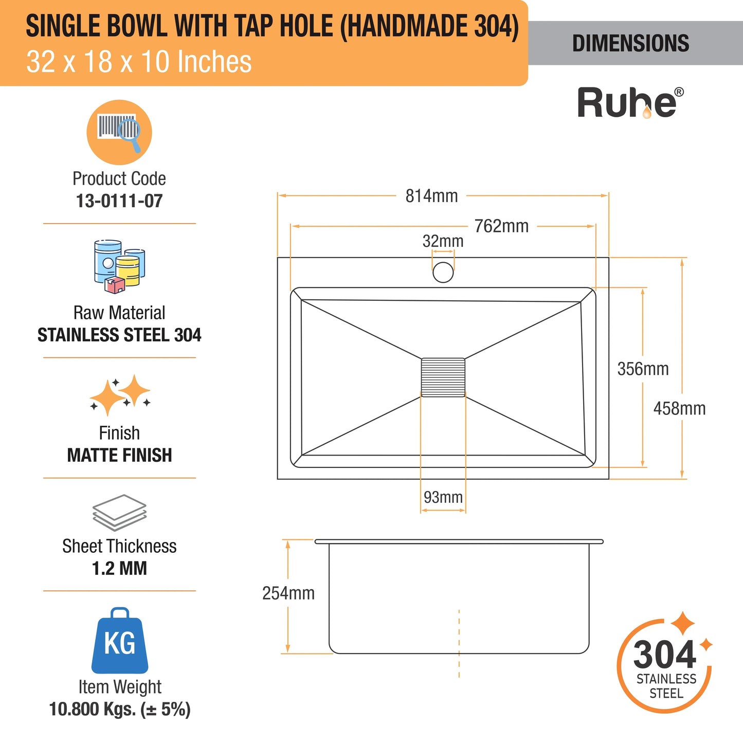 Handmade Single Bowl with Tap Hole Kitchen Sink (32 x 18 x 10 Inches)