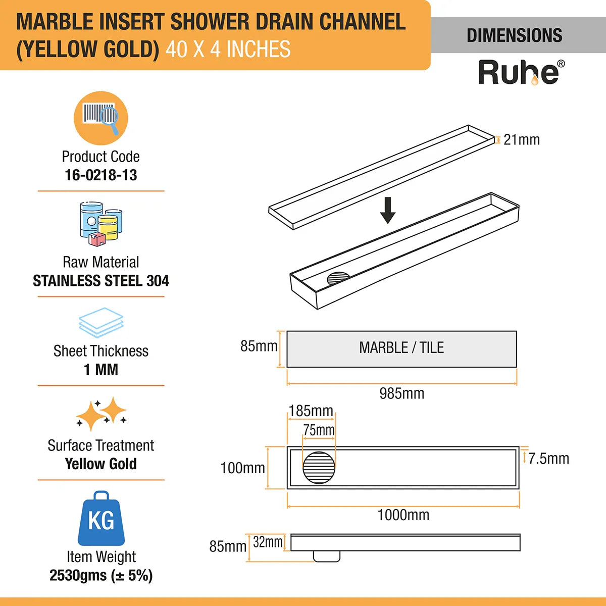 Marble-Insert Shower Drain Channel (4 Inches)