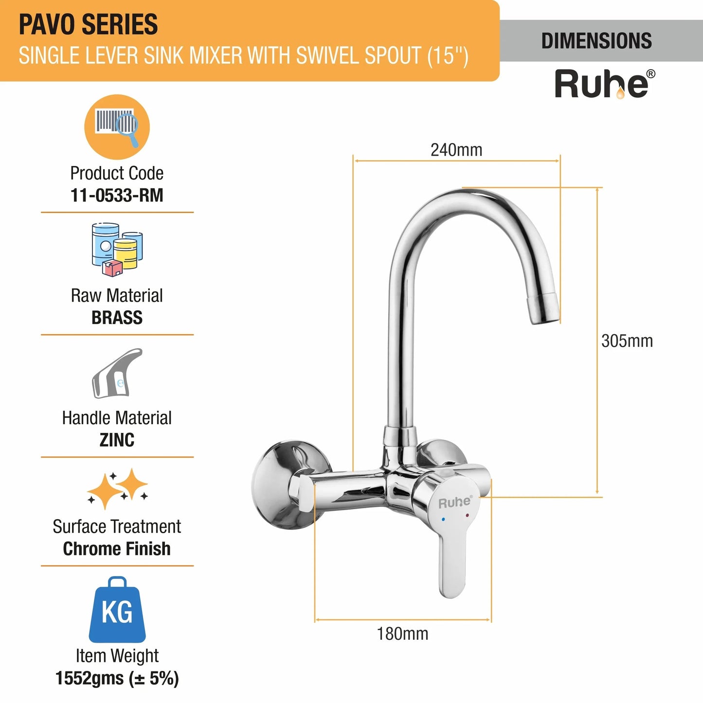 Pavo Single Lever Wall-mount Kitchen Sink Mixer Tap with Medium Swivel Spout (15") - by Ruhe