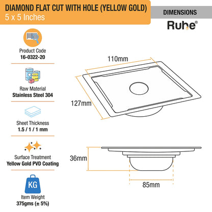 Diamond Square Flat Cut Floor Drain in Yellow Gold PVD Coating (5 x 5 Inches) with Hole dimensions and sizes