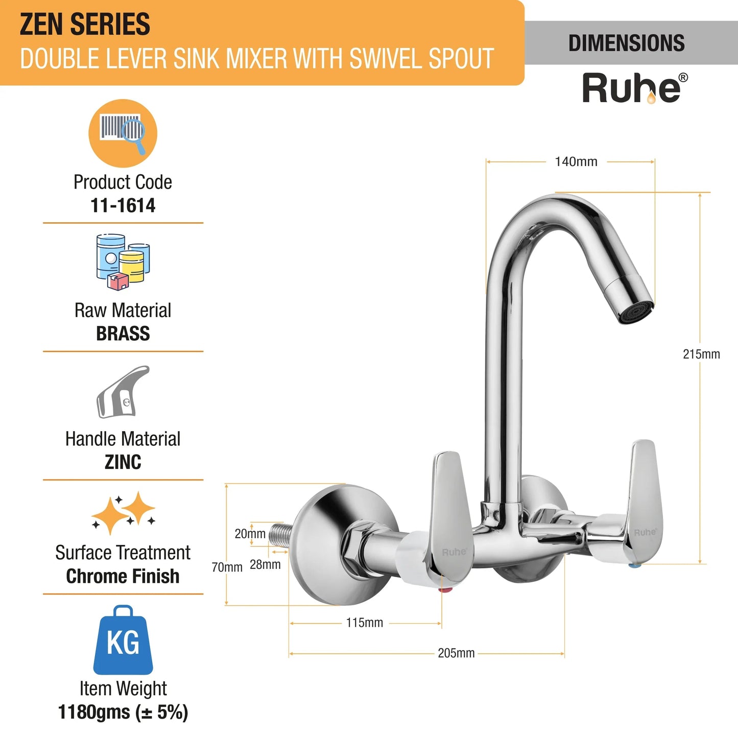Zen Sink Mixer Brass Faucet with Swivel Spout Dimensions