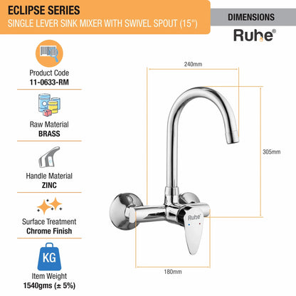 Eclipse Single Lever Wall-mount Kitchen Sink Mixer Tap with Medium Swivel Spout (15") - by Ruhe