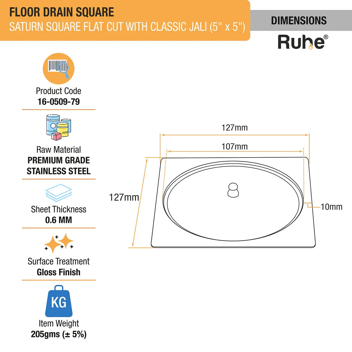 Saturn Classic Jali Square Flat Cut Floor Drain (5 x 5 Inches) with Lid dimensions and size