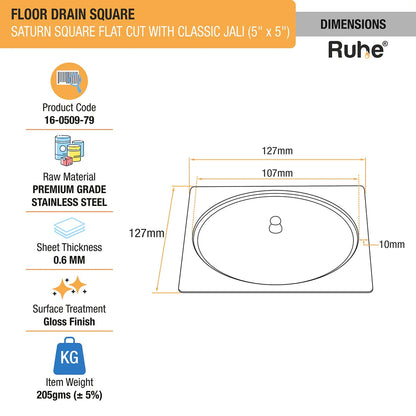 Saturn Classic Jali Square Flat Cut Floor Drain (5 x 5 Inches) with Lid dimensions and size