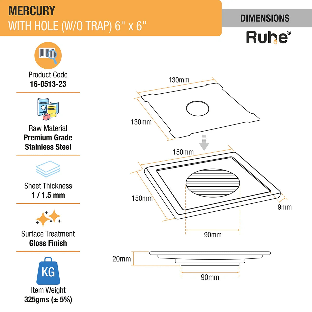 Mercury Square Premium Floor Drain (6 x 6 Inches) with Hole - by Ruhe