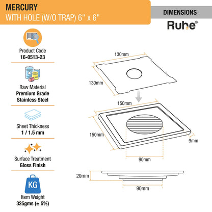 Mercury Square Premium Floor Drain (6 x 6 Inches) with Hole - by Ruhe