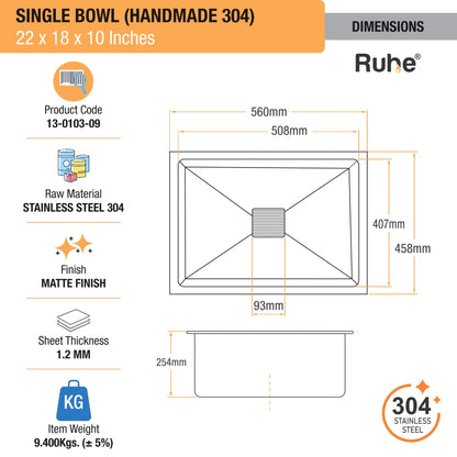 Handmade Single Bowl Kitchen Sink (22 x 18 x 10 Inches)