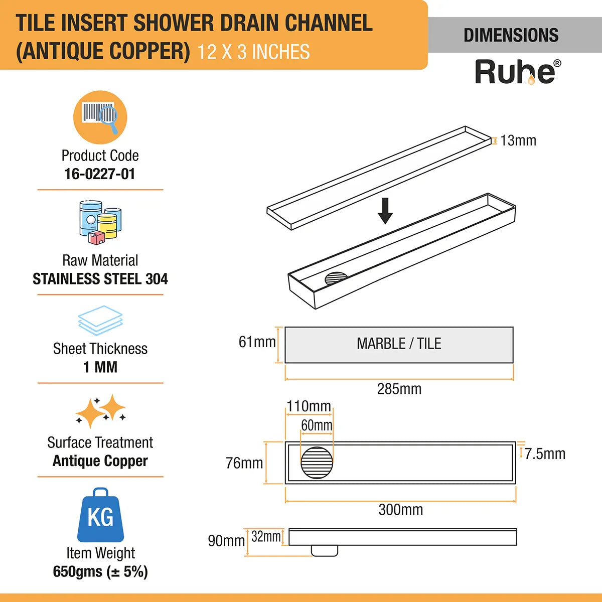 Tile-Insert Shower Drain Channel (3 Inches)
