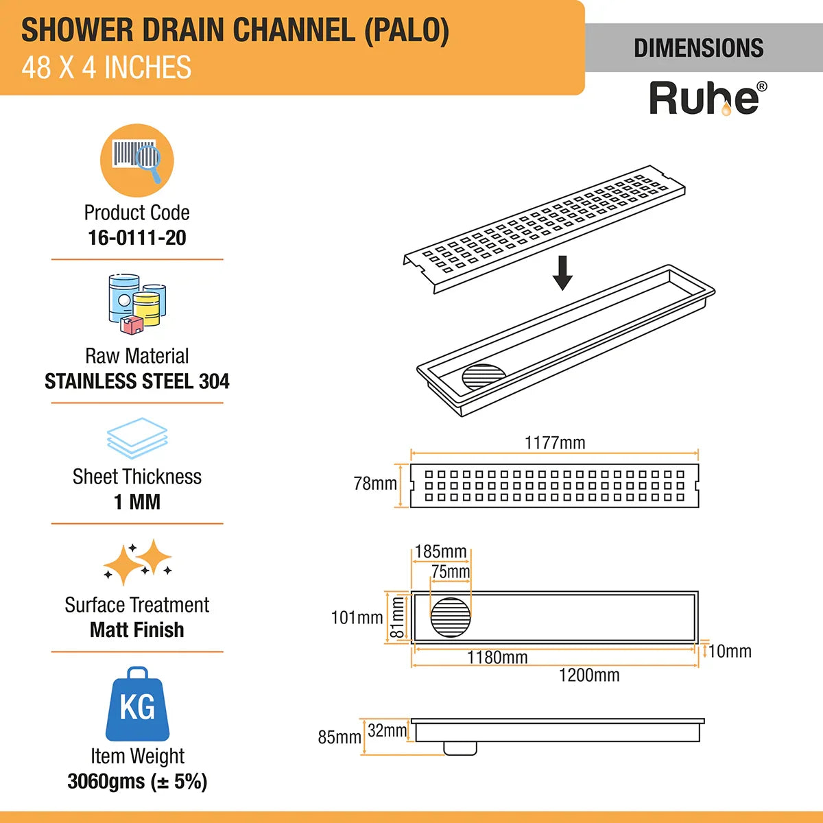 Palo Shower Drain Channel (4 Inches)