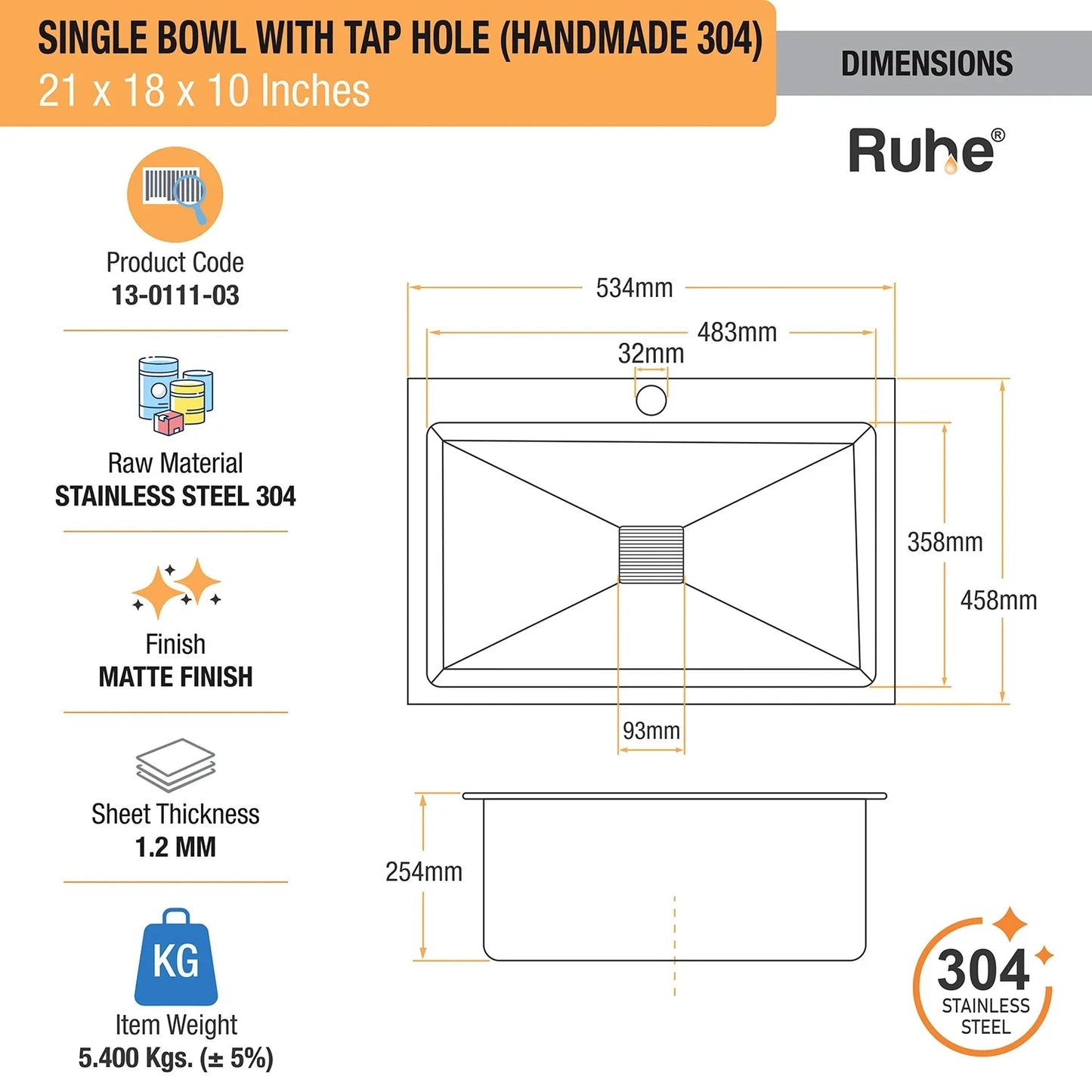 Handmade Single Bowl with Tap Hole Kitchen Sink (21 x 18 x 10 Inches)