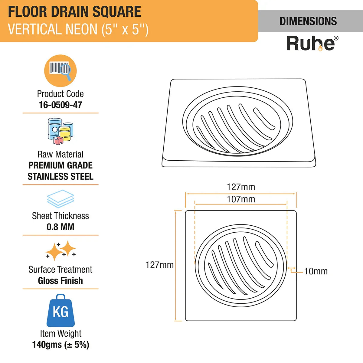 Vertical Neon Square Floor Drain (5 x 5 inches) dimensions and size