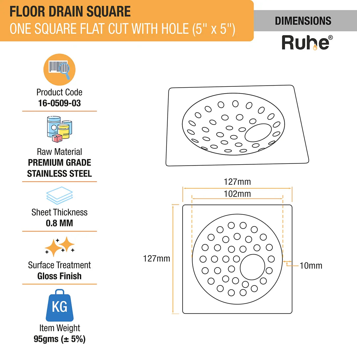 One Square Flat Cut Floor Drain