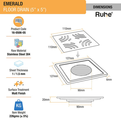 Emerald Square 304-Grade Floor Drain (5 x 5 Inches) - by Ruhe
