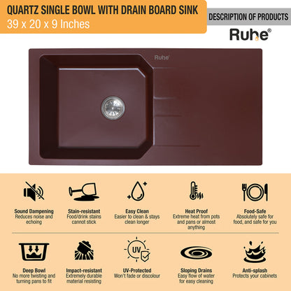Quartz Single Bowl with Drainboard Kitchen Sink (39 x 20 x 9 Inches)