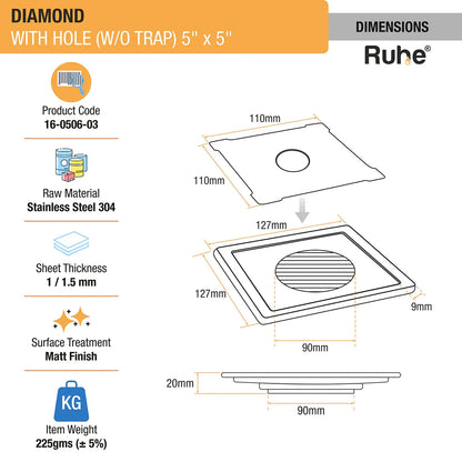 Diamond Square Floor Drain (5 x 5 Inches) with Hole (304 Grade) dimensions and size