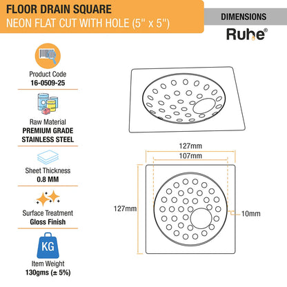 Square Neon Floor Drain Square Flat Cut (5 x 5 Inches) with Hole dimensions and size