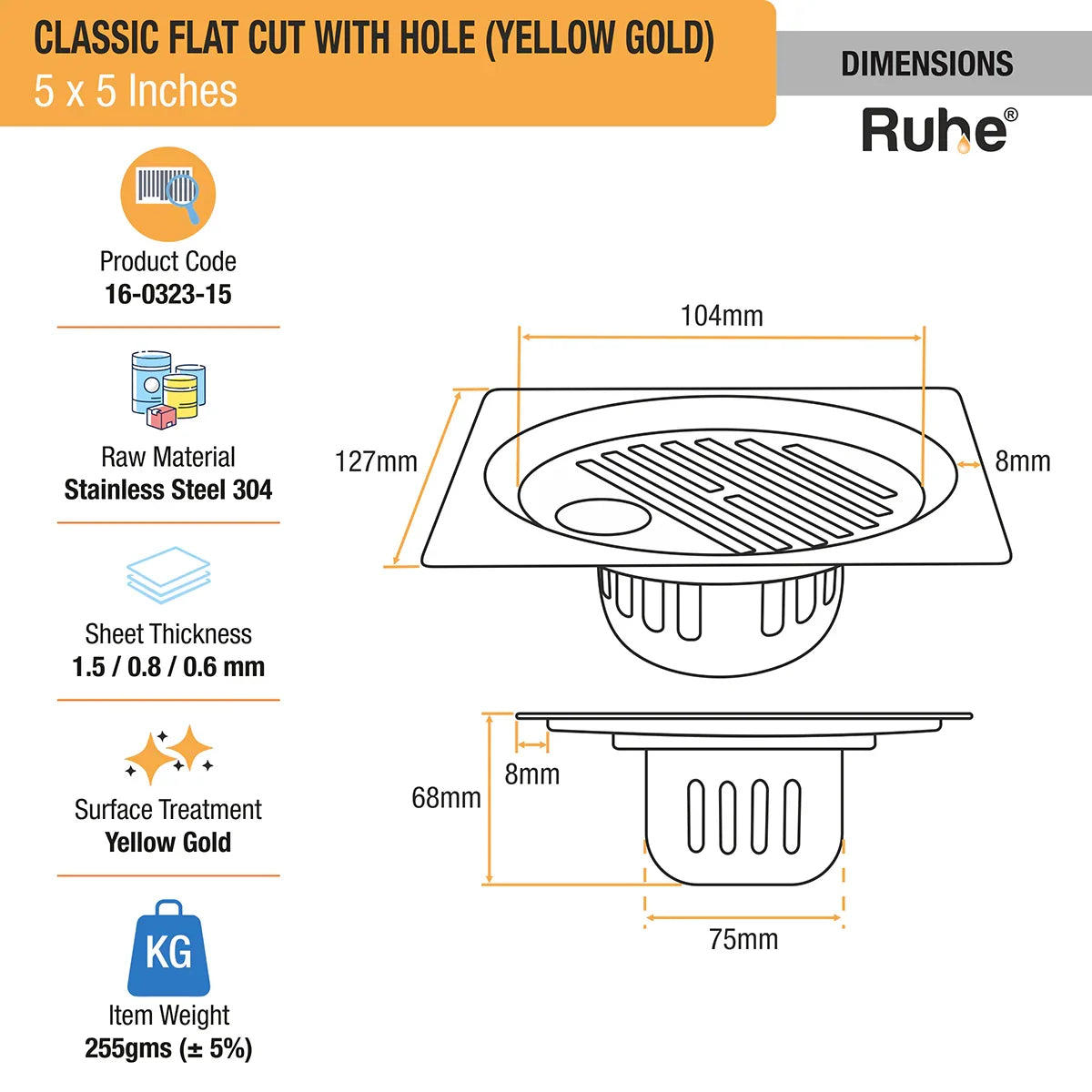 Classic Square Flat Cut Floor Drain in Yellow Gold PVD Coating (5 x 5 Inches) with Hole dimensions and sizes