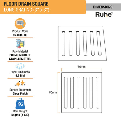 Long Grating Floor Drain (3 x 3 Inches) (Pack of 4) dimensions and size