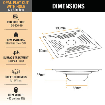 Opal Floor Drain Square Flat Cut (6 x 6 Inches) with Hole and Cockroach Trap 2