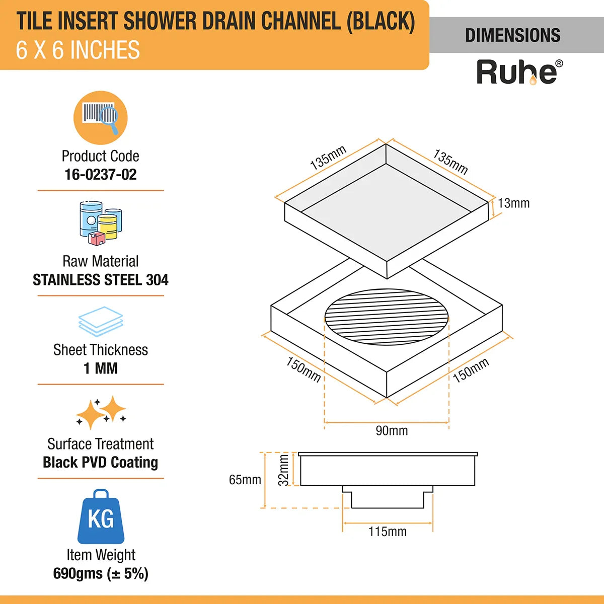 Tile-Insert Shower Drain Channel (6 x 6 Inches)