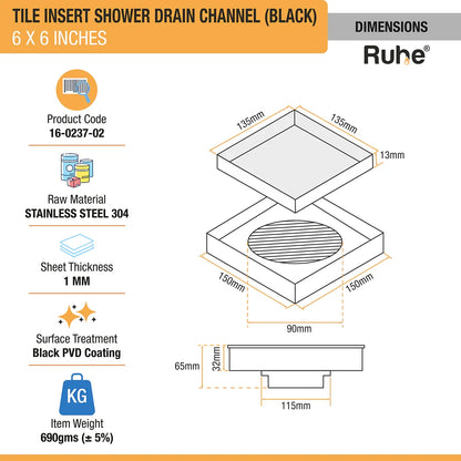 Tile-Insert Shower Drain Channel (6 x 6 Inches)