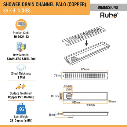 Palo Shower Drain Channel (36 x 4 Inches) Antique Copper PVD Coated - by Ruhe