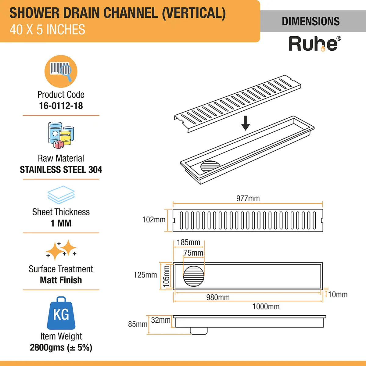 Vertical Shower Drain Channel (5 Inches)