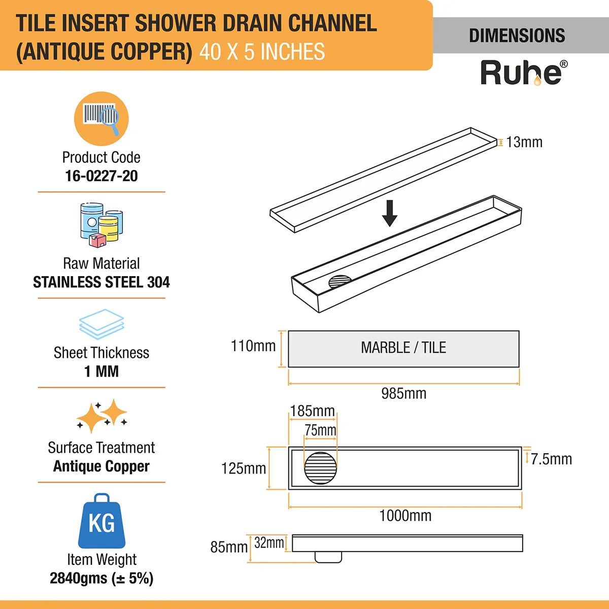 Tile-Insert Shower Drain Channel (5 Inches)