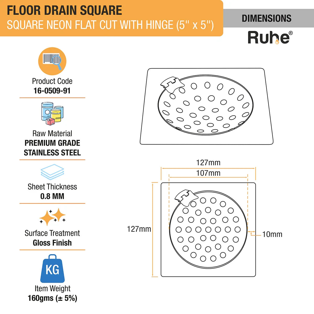 Neon Square Flat Cut Floor Drain (5 x 5 inches) with Hinged Grating Top dimensions and size